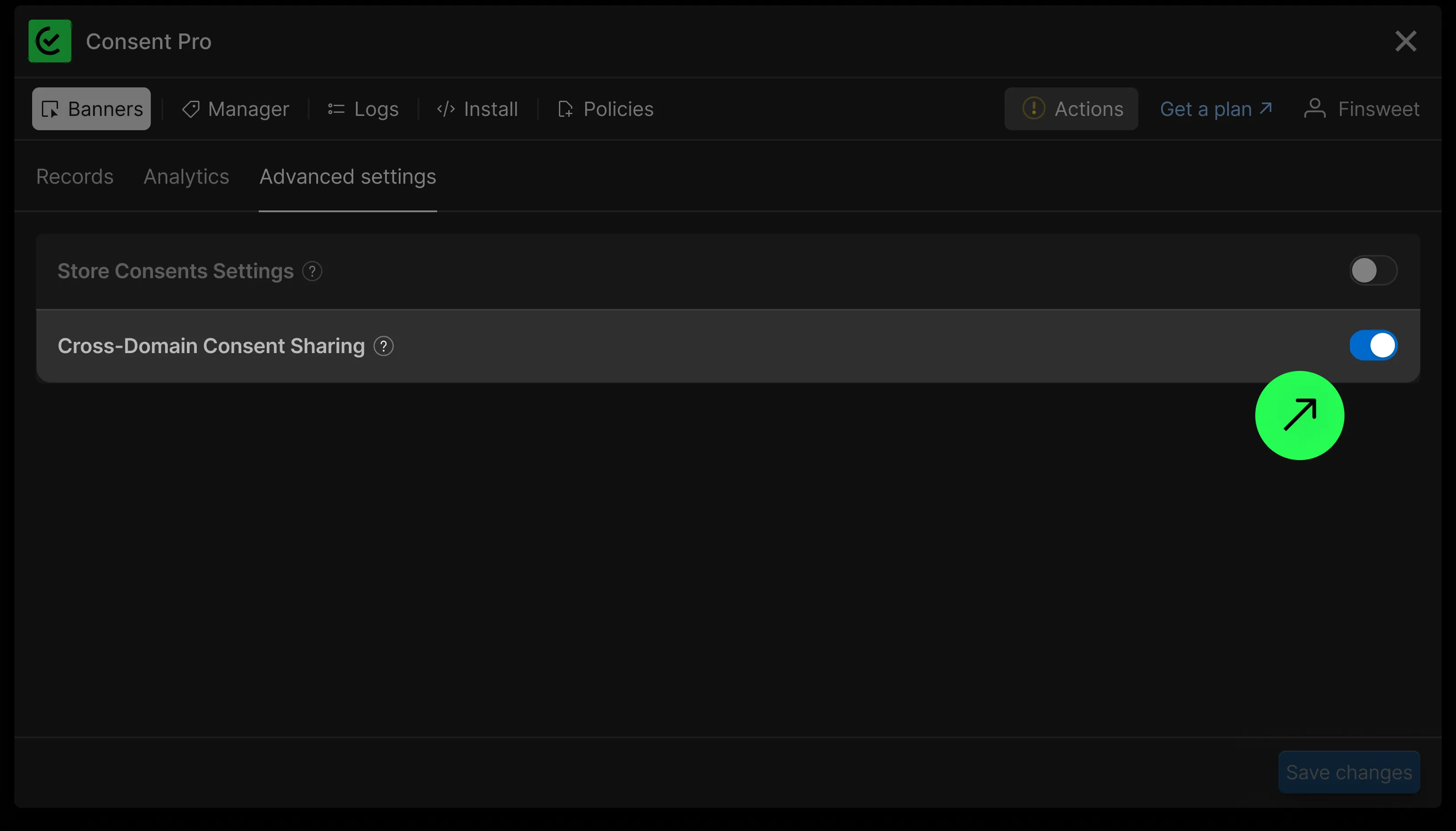 Cross-Domain Consent Sharing toggle in Advanced Settings