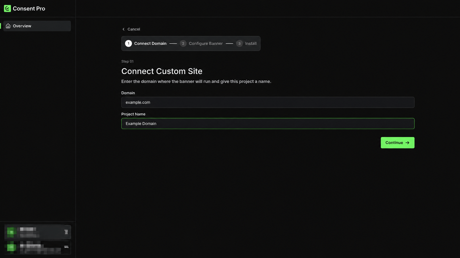 Connect Domain step with example.com
