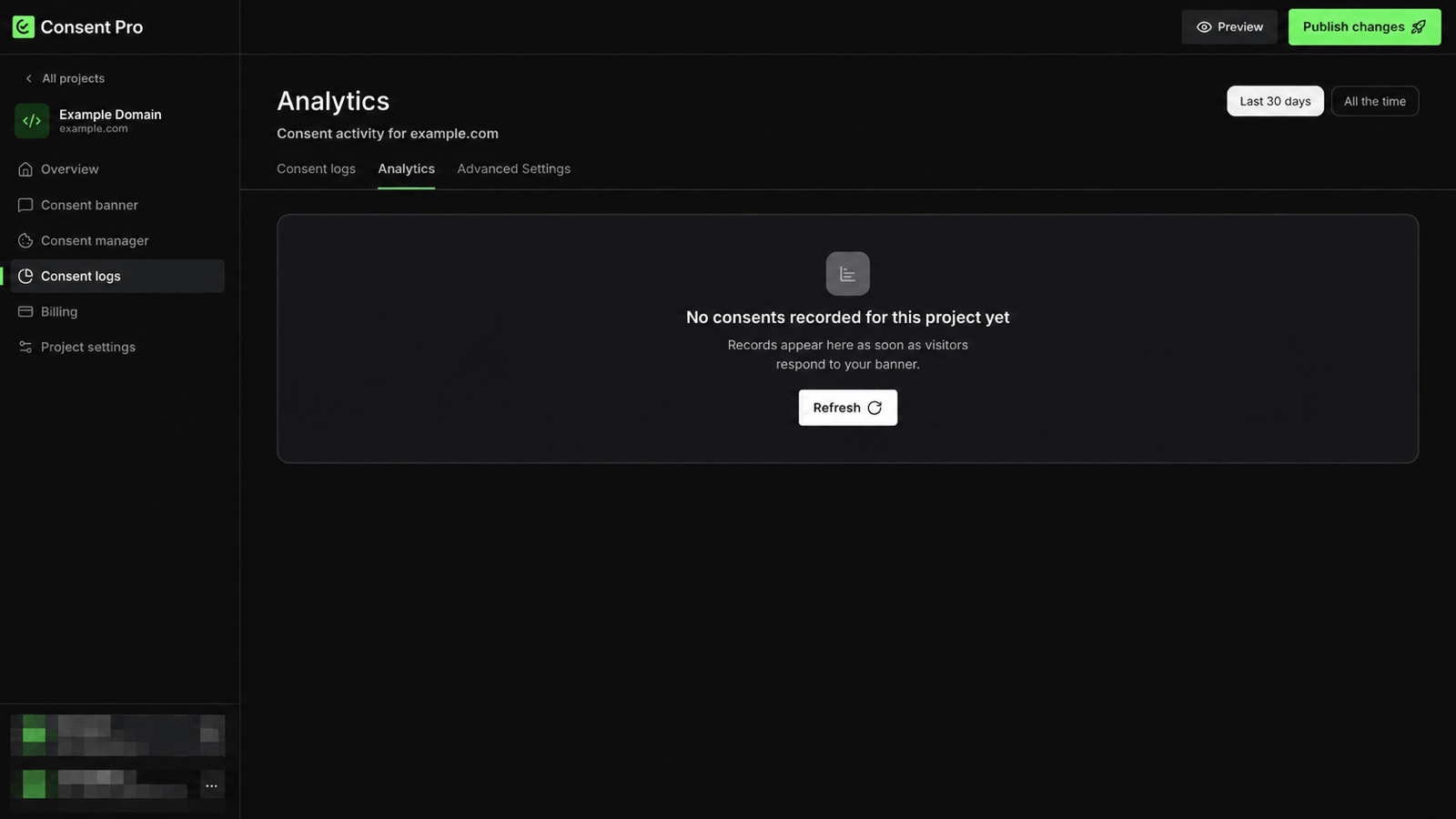 The Analytics tab showing consent activity for the project
