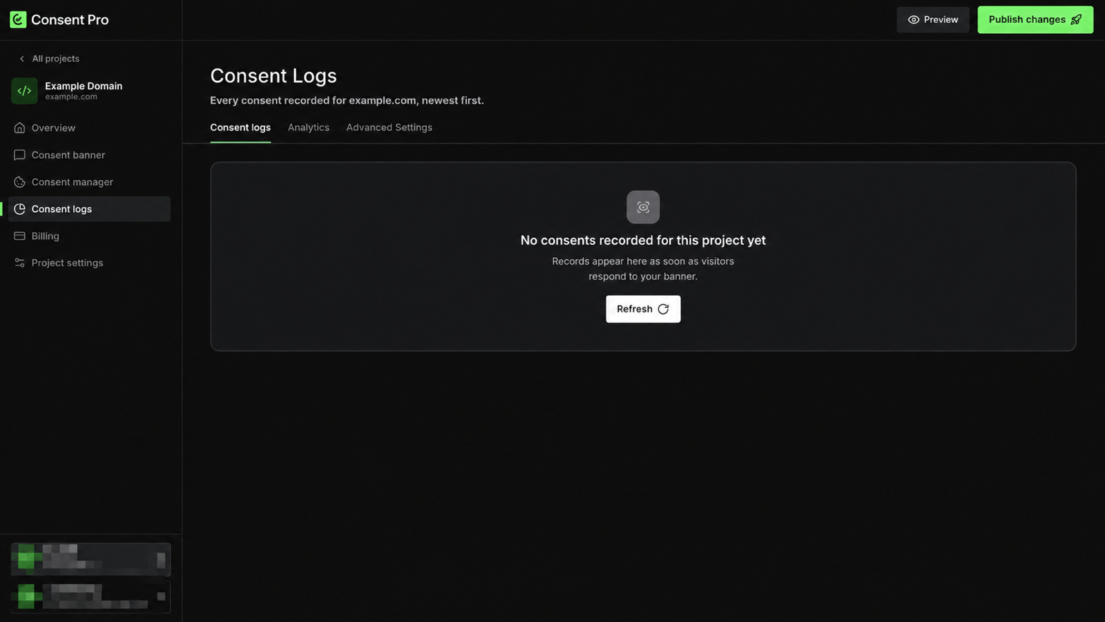 The Consent logs tab before any consents are recorded