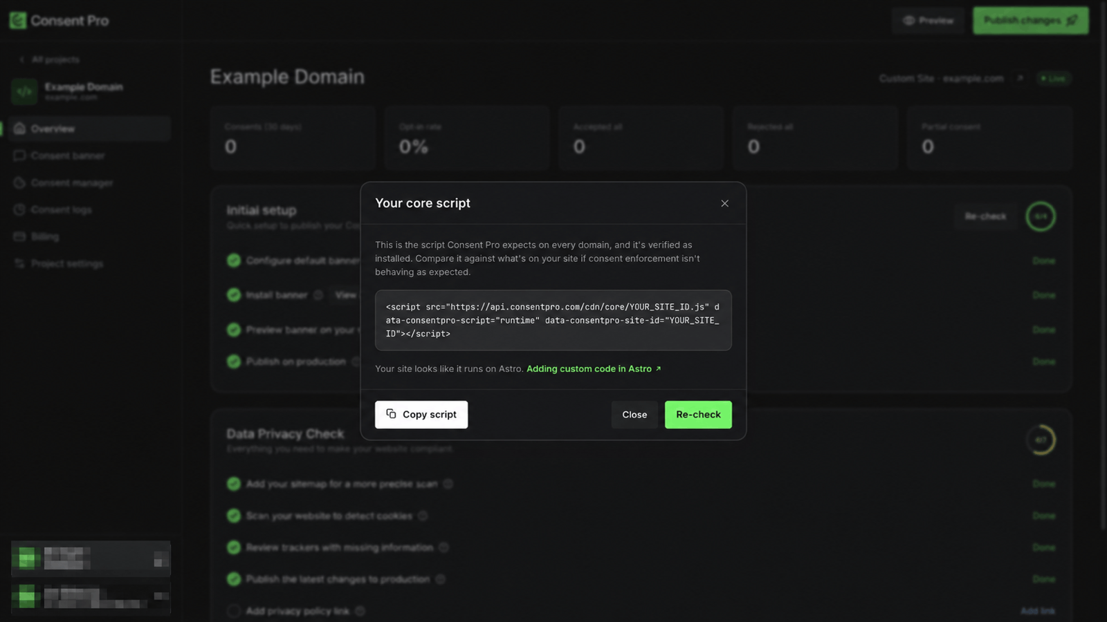 Your core script dialog on the project overview