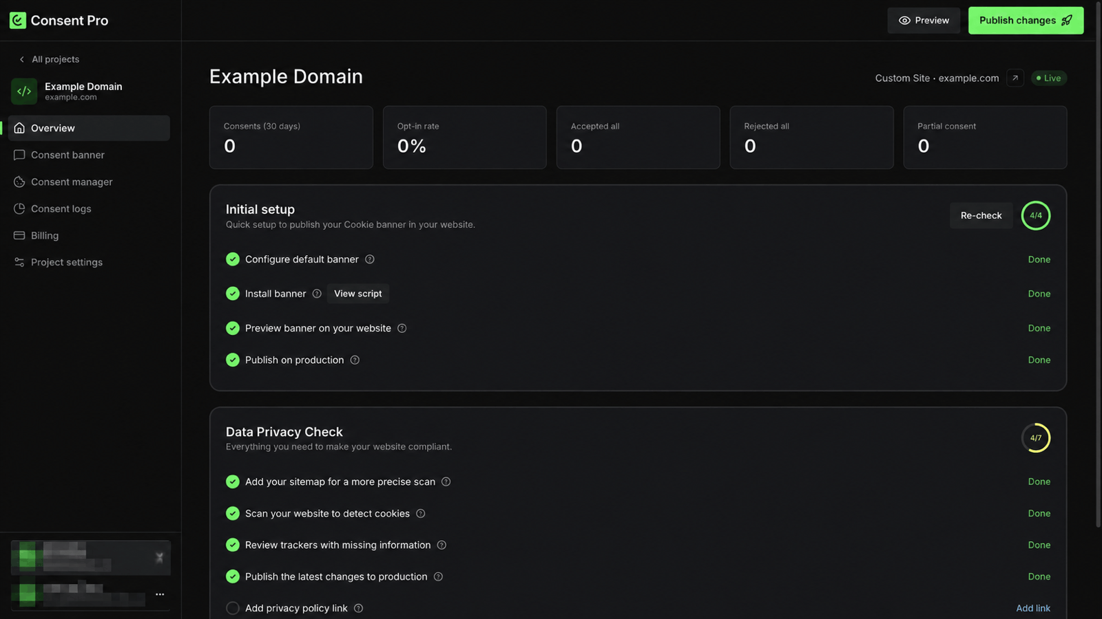 Project overview with Publish changes in the header