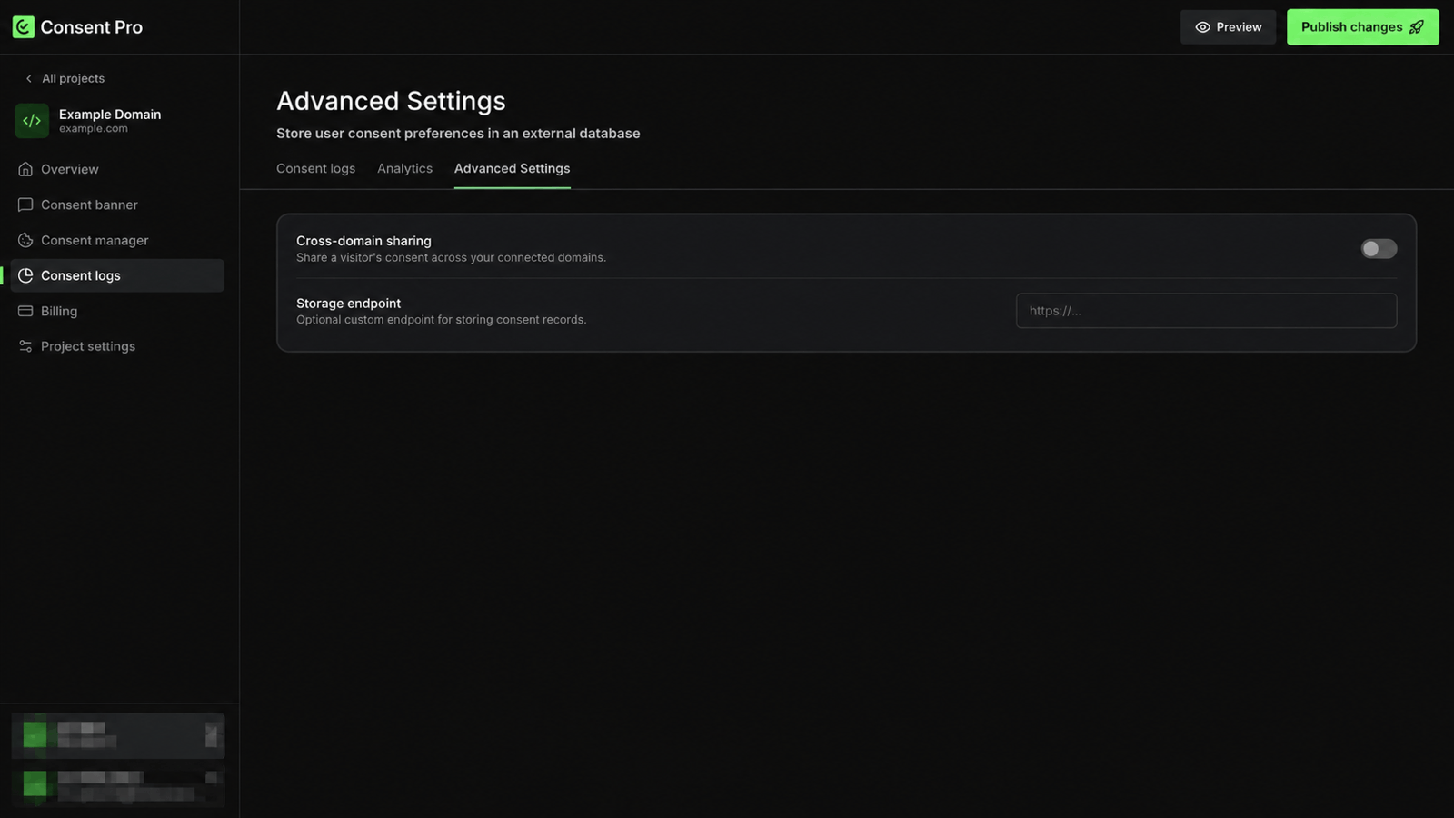 Advanced Settings with cross-domain sharing and the storage endpoint